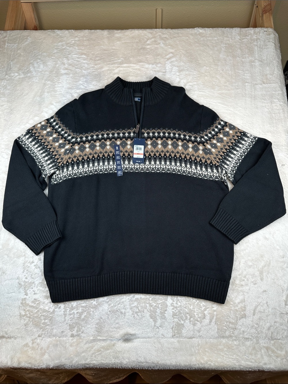 Izod Men's Black Half-Zip Holiday Sweater with Fair Isle Yoke